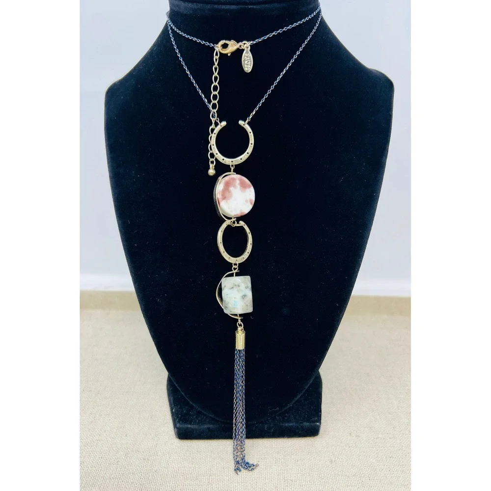 Oliver Bonas Mixed Stone and Tassel Long Pendant Necklace Gold Blue Pink